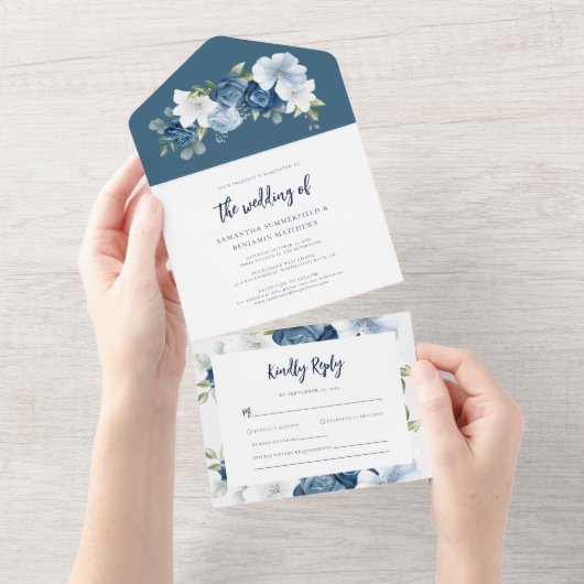Invitation Tout En Un Aquarelle bleu bleu foncé Mariage à script (Déchirure)