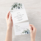 Invitation Tout En Un Aquarelle bleu chardon Mariage Eucalyptus (Déchirure)