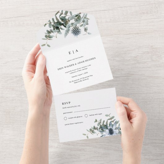 Invitation Tout En Un Aquarelle bleu chardon Mariage Eucalyptus (Déchirure)