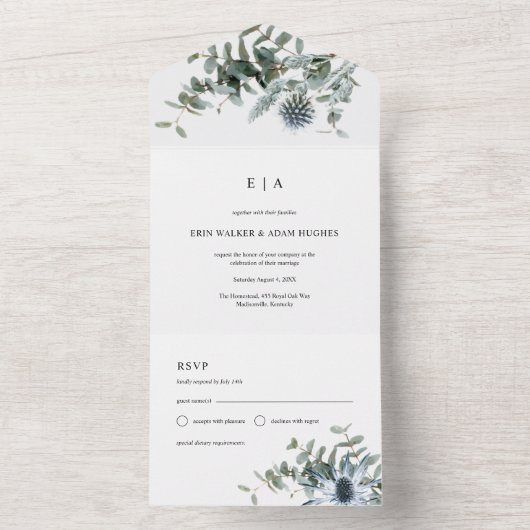 Invitation Tout En Un Aquarelle bleu chardon Mariage Eucalyptus (À l'intérieur)