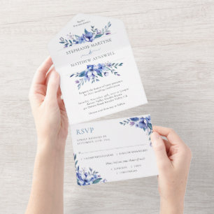 Invitation Tout En Un Aquarelle bleu Dusty Mariage Floral