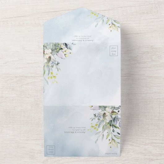 Invitation Tout En Un Aquarelle bleu Dusty vert botanique Script (Dehors)