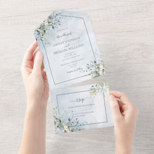 Invitation Tout En Un Aquarelle bleu Dusty vert botanique Script