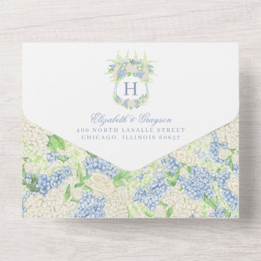 Invitation Tout En Un Aquarelle bleu et blanc Mariage de crête d'Hydrang (Verso)