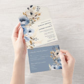 Invitation Tout En Un Aquarelle bleu foncé moderne Floral Mariage d'hive (Déchirure)