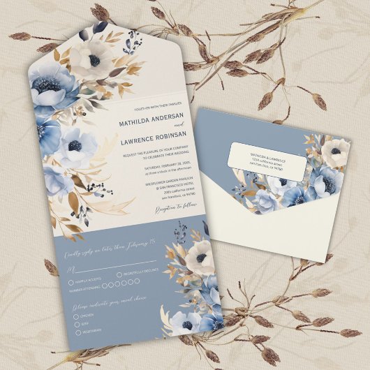 Invitation Tout En Un Aquarelle bleu foncé moderne Floral Mariage d'hive