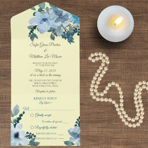 Invitation Tout En Un Aquarelle bleu foncé sur jaune pâle