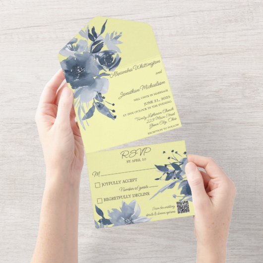 Invitation Tout En Un Aquarelle bleu foncé sur le code QR jaune (Déchirure)