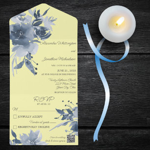 Invitation Tout En Un Aquarelle bleu foncé sur le code QR jaune