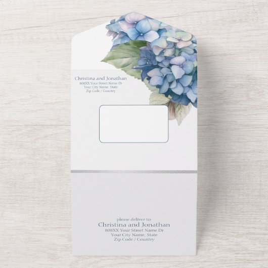 Invitation Tout En Un Aquarelle bleu romantique Hydrangea Fleurs (Dehors)
