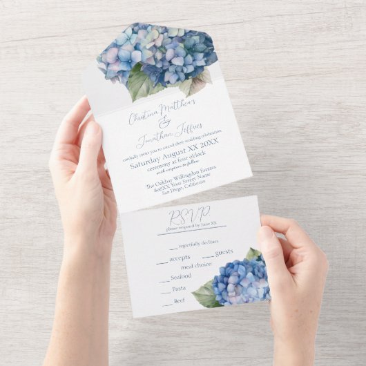 Invitation Tout En Un Aquarelle bleu romantique Hydrangea Fleurs (Déchirure)