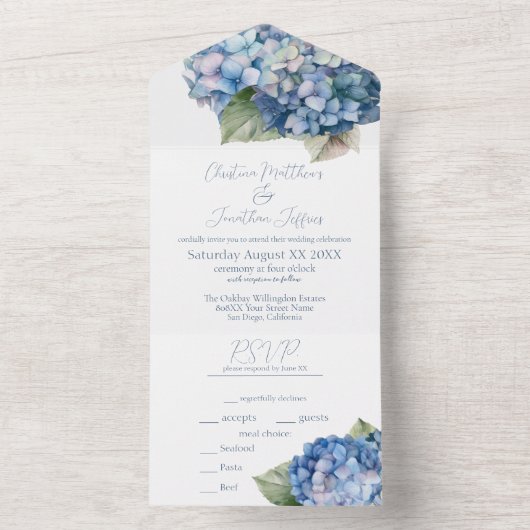 Invitation Tout En Un Aquarelle bleu romantique Hydrangea Fleurs (À l'intérieur)