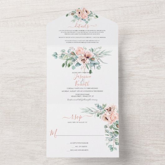 Invitation Tout En Un Aquarelle bleu rose et ivoire Mariage floral (À l'intérieur)