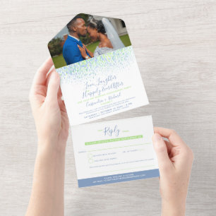 Invitation Tout En Un Aquarelle bleu-vert arrosant un mariage retardé