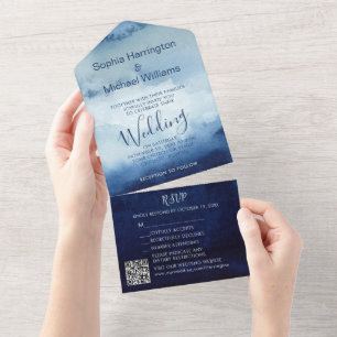 Invitation Tout En Un Aquarelle Bleue Côtière Tout en un mariage Inviter