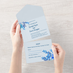 Invitation Tout En Un Aquarelle bleue Floral tout en un mariage Inviter