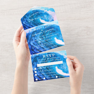 Invitation Tout En Un Aquarelle bleue Tropical Destination Ocean Wave