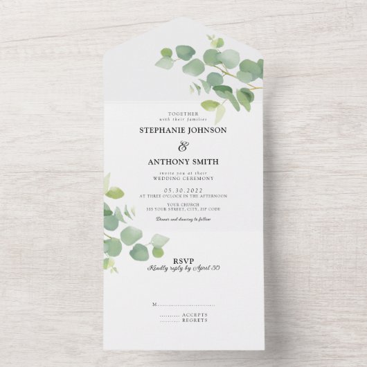Invitation Tout En Un Aquarelle botanique Eucalyptus Feuille Mariage (À l'intérieur)