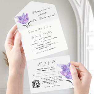 Invitation Tout En Un Aquarelle Botanique lilas Violet Mariage Floral