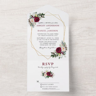 Invitation Tout En Un Aquarelle Bourgogne Floral Greenery Geo Mariage