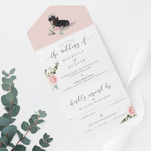Invitation Tout En Un Aquarelle Brown Dachshund Chien & Rose Florale