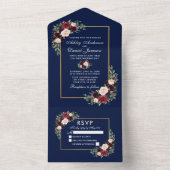 Invitation Tout En Un Aquarelle Burgundy Blue Floral Mariage (À l'intérieur)
