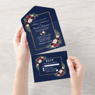 Invitation Tout En Un Aquarelle Burgundy Blue Floral Mariage