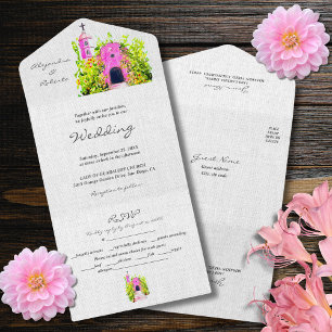 Invitation Tout En Un Aquarelle Chapelle rose Mariage mexicain