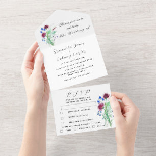 Invitation Tout En Un Aquarelle Chardon botanique Simple Mariage floral