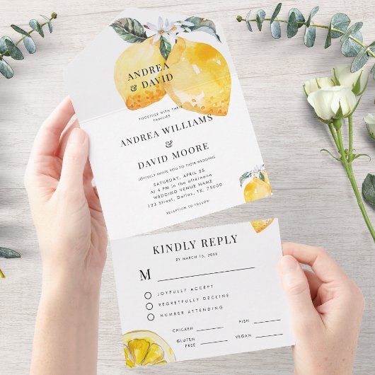 Invitation Tout En Un Aquarelle Citron Blanc Floral Citrus Mariage