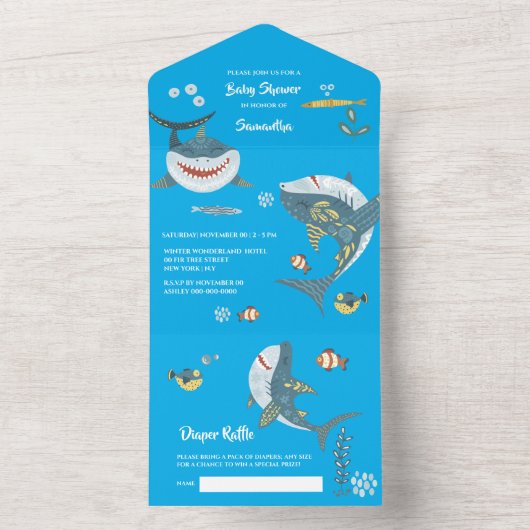 Invitation Tout En Un Aquarelle de requin bleu océan sous la mer fête (À l'intérieur)