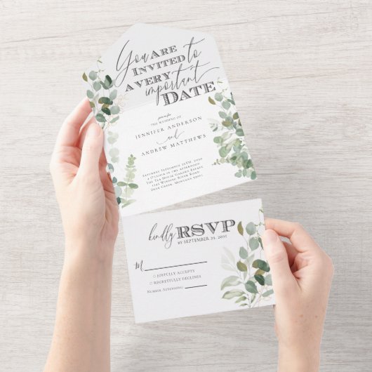 Invitation Tout En Un Aquarelle de verdure d'eucalyptus  (Déchirure)