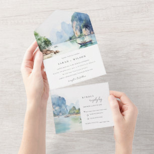 Invitation Tout En Un Aquarelle douce Côte Thaïlande Mariage marin