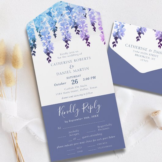 Invitation Tout En Un Aquarelle Elégant bleu violet Mariage Floral
