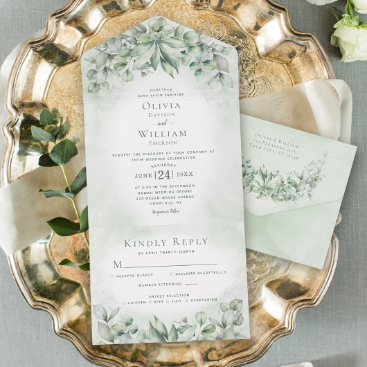 Invitation Tout En Un Aquarelle Eucalyptus Vert Sage Vert Mariage