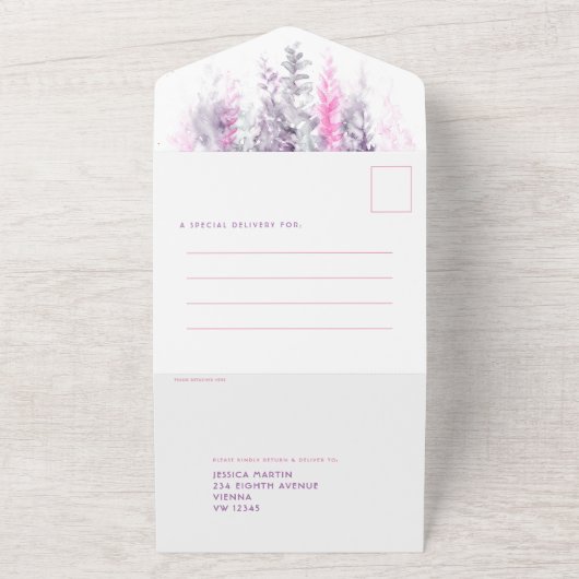 Invitation Tout En Un Aquarelle feuilles indigo rose mariage after party (Dehors)