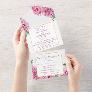Invitation Tout En Un Aquarelle Fleur de Chrysanthème Rose avec Or