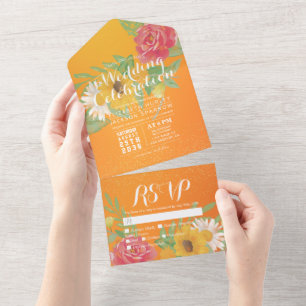 Invitation Tout En Un Aquarelle Fleur Orange Gold Parties scintillant Ma