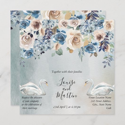 Invitation Tout en un, aquarelle fleurie avec cygnes blancs i (Devant / Derrière)