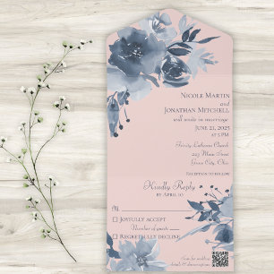Invitation Tout En Un Aquarelle Fleurs Bleu Poussiéreux sur Fond Rose av