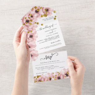 Invitation Tout En Un Aquarelle Fleurs élégantes Mariage or