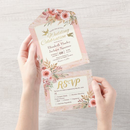 Invitation Tout En Un Aquarelle Fleurs or rose Confetti Mariage RSVP (Déchirure)