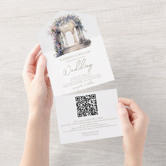 Invitation Tout En Un Aquarelle Floral Arch Wedding Rsvp QR Code (Déchirure)