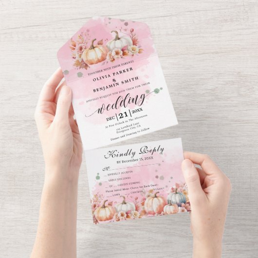 Invitation Tout En Un Aquarelle Floral Automne Citrouille rose Mariage d (Déchirure)