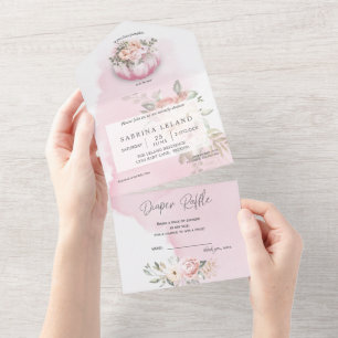 Invitation Tout En Un Aquarelle Floral Blush Baby shower Citrouille rose