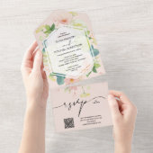 Invitation Tout En Un Aquarelle Floral Blush rose Mariage QR Code (Déchirure)