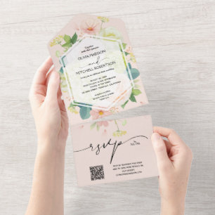 Invitation Tout En Un Aquarelle Floral Blush rose Mariage QR Code