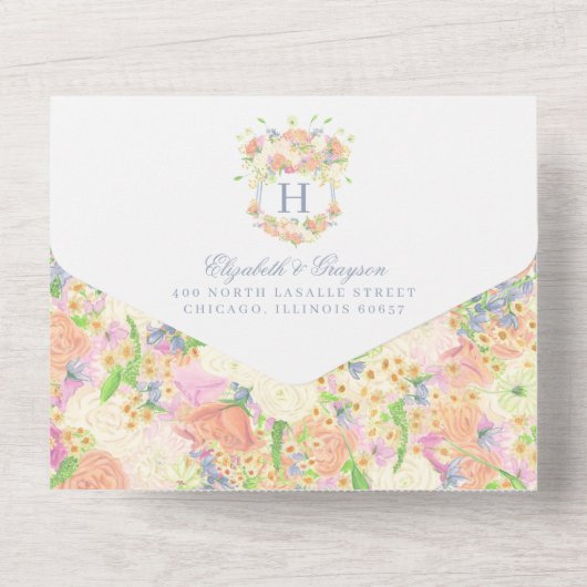 Invitation Tout En Un Aquarelle Floral Jardin Mariage Crest (Verso)