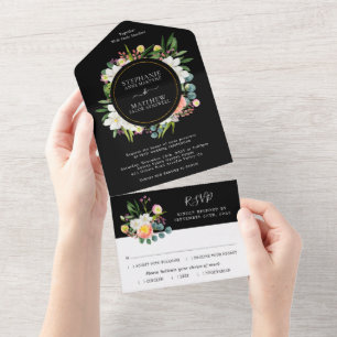 Invitation Tout En Un Aquarelle Floral Mariage moderne Noir