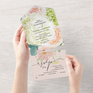 Invitation Tout En Un Aquarelle Floral Mariage rose